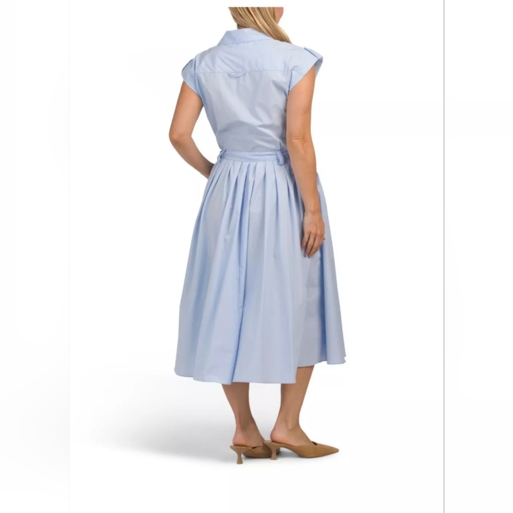 Zara Midi Blue Flared/Pleated Front Button Wrap Tie Waist Cotton Poplin Dress - Picture 2 of 12